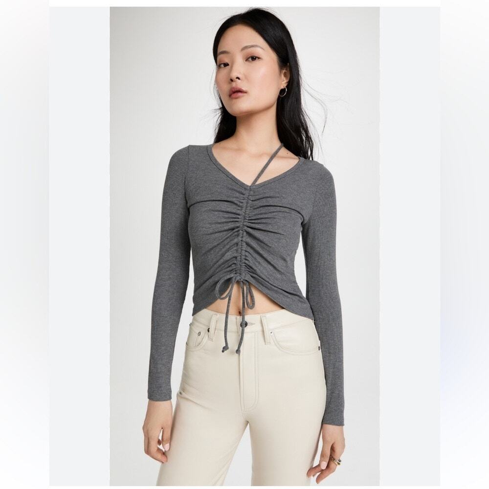 NWT LNA Malika Ruched Front Gray Top Long Sleeve Tee Small S
